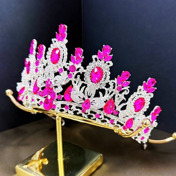 Silver Crystal Tiara, Bridal Flower Tiara, Fuchsia Crystal Tiara, Wedding Tiara